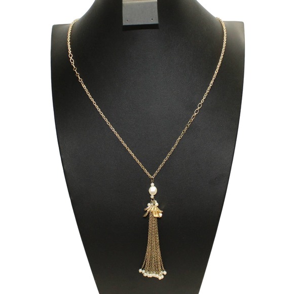 LOFT Jewelry - Signed LOFT Gold Tone Faux Simulated Pearl Drop Chain Tassel Rope Chain Necklace